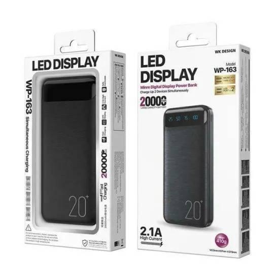 20000mAh Fast Charging Power Bank Black Wp-163 LED Display - shown in two white retail boxes, one displaying the device and the other the LED screen.