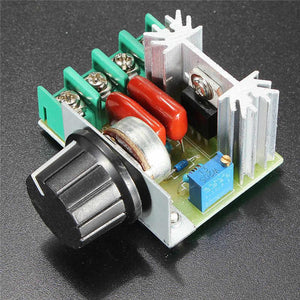 2000W 25A AC50-220V Adjustable AC Dimmer AC Heater Controller - with a black rotary knob, green screw terminals, red capacitors, and a metal heatsink.