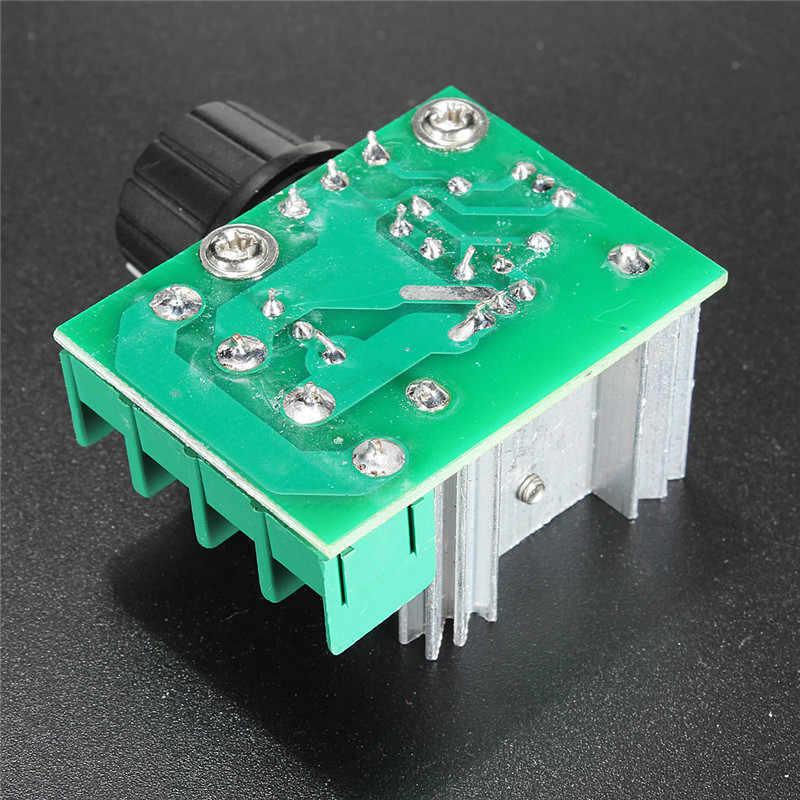 2000W 25A AC50-220V Adjustable AC Dimmer AC Heater Controller - the green circuit board, silver heatsink, and black rotary control knob from an angled perspective.