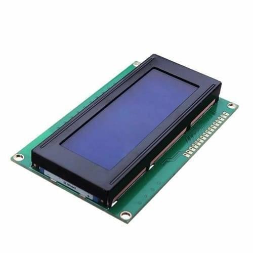 2004A 20x4 Character Blue Color LCD Display For Arduino - a rectangular blue screen mounted on a green circuit board with a row of pin headers.