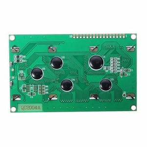 2004A 20x4 Character Blue Color LCD Display For Arduino - the green printed circuit board back side with five black chip-on-board components and 16 header pins.