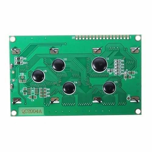 2004A 20x4 Character Blue Color LCD Display For Arduino - the green printed circuit board back side with five black chip-on-board components and 16 header pins.