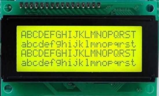 2004A LCD 20x4 Character LCD Green Backlight - a rectangular green display module with four rows of black alphabet characters and a top pin header.