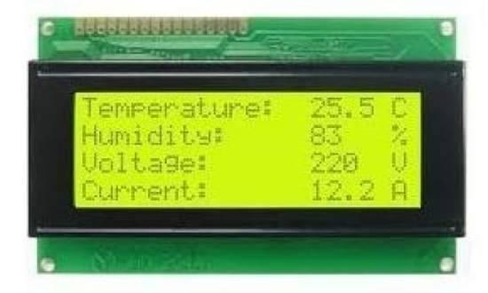 2004A LCD 20x4 Character LCD Green Backlight - screen with four lines of text displaying temperature, humidity, voltage, and current readings.