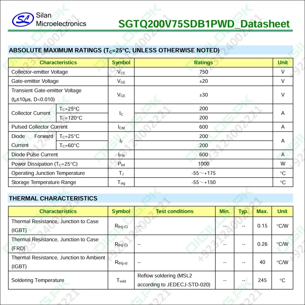 Silicon Microelectronics SGTQ200V75SDB1PWD datasheet with absolute maximum ratings and thermal characteristics.