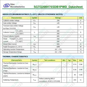 Silicon Microelectronics SGTQ200V75SDB1PWD datasheet with absolute maximum ratings and thermal characteristics.