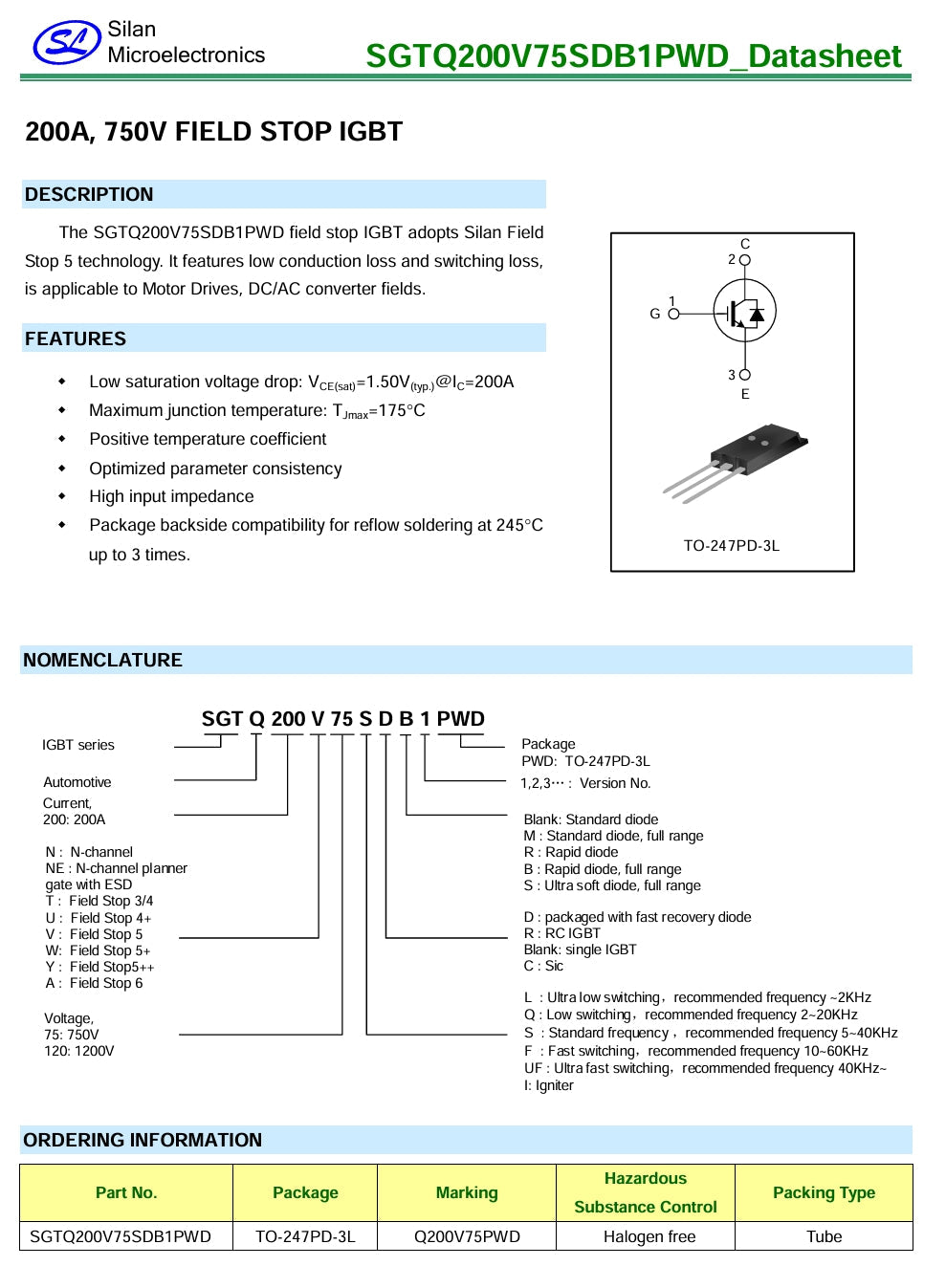 200A 750V IGBT Q200V75SDB1 SGTQ200V75SDB1-digilog.PK - datasheet document showing the product name, features, nomenclature, and a diagram of the black TO-247PD-3L component with three pins.