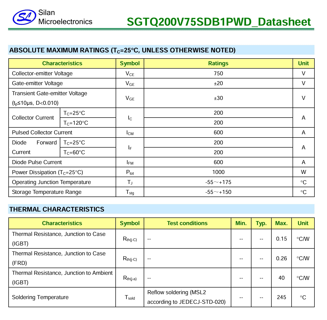 200A 750V IGBT Q200V75SDB1 SGTQ200V75SDB1-digilog.PK - SGTQ200V75SDB1 datasheet showing a table of absolute maximum ratings and thermal characteristics for the IGBT component.