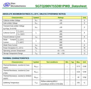200A 750V IGBT Q200V75SDB1 SGTQ200V75SDB1-digilog.PK - SGTQ200V75SDB1 datasheet showing a table of absolute maximum ratings and thermal characteristics for the IGBT component.