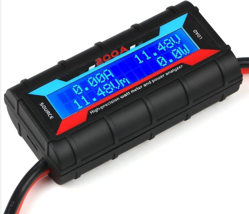 200A Wattmeter Detector Power Analyzer - High Precision Current Voltage Meter - a black, rectangular device with a blue digital display reading 0.00A, 11.48V, and 0.0W with attached cables.