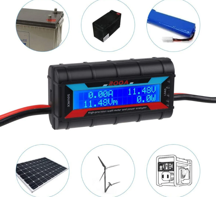 200A Wattmeter Detector Power Analyzer - High Precision Current Voltage Meter - a central black digital display reading 0.00A, 11.48V, and 0.0W, surrounded by six circular battery icons.