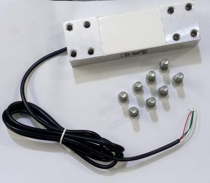 200kg Capacity Strain Guage Load Cell - a rectangular silver metal sensor with a black wire and eight small metal bolts arranged on a white surface.