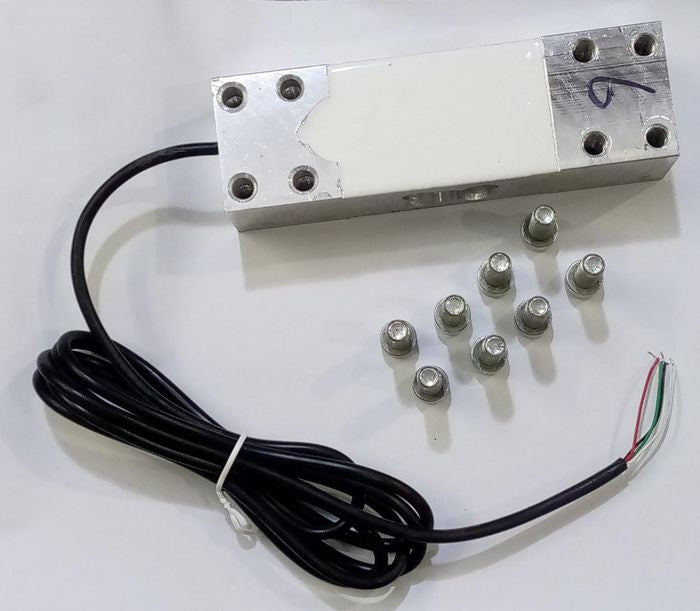 200kg Capacity Strain Guage Load Cell - shown as a silver rectangular metal bar with a black cable and eight small metal screws arranged on a white surface.
