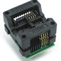 200mil SOP8 Socket To DIP8 IC Programmer Adapter Soic8 EEPROM Flash - a black plastic clamshell test socket with gold-plated pins mounted on a small green circuit board.