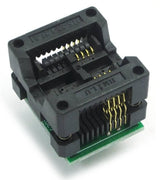 200mil SOP8 Socket To DIP8 IC Programmer Adapter Soic8 EEPROM Flash - a black plastic clamshell test socket with gold-plated pins mounted on a small green circuit board.