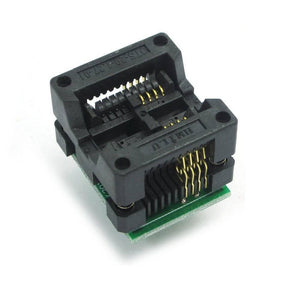 200mil SOP8 Socket To DIP8 IC Programmer Adapter Soic8 EEPROM Flash - a black plastic clamshell-style test socket with gold-plated pins mounted on a small green PCB.