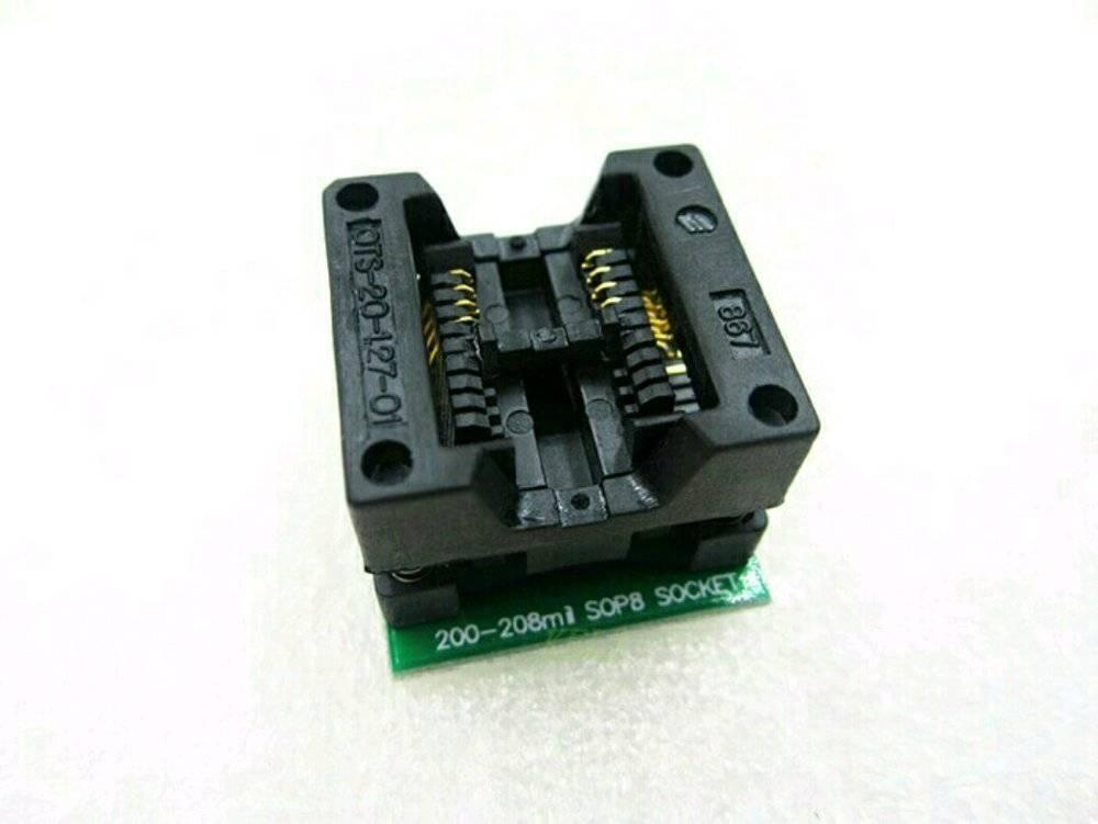 200mil SOP8 Socket To DIP8 IC Programmer Adapter Soic8 EEPROM Flash - a black plastic test socket with gold pins mounted on a green circuit board labeled SOP8 SOCKET.