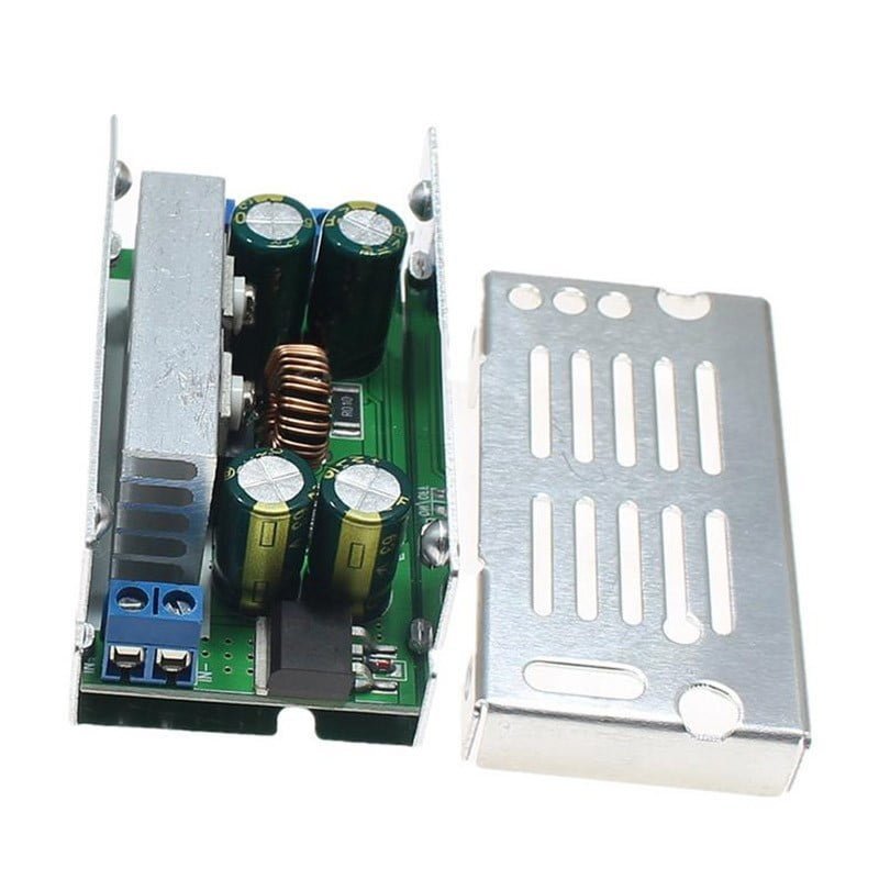 200W 15A DC-DC Step Down Buck Converter Module 8-60V To 1-36V – Aluminum Housing - shown with its green circuit board and a separate metal vented cover.