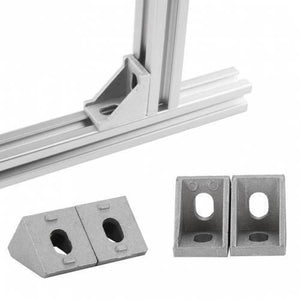2020 Aluminum Profile l Bracket Corner Bracket - one bracket mounted on an aluminum extrusion and three loose brackets on a white background.