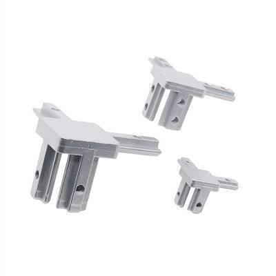 2020 Size 3-way Corner Connector Aluminum - three silver-colored metal corner brackets of varying sizes arranged against a plain white background.