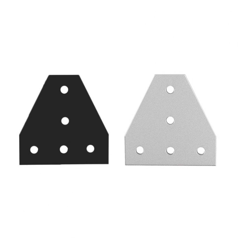 2020 T Type Corner Outer Pyramid Type Fitting For Aluminium Profile - one black and one silver T-shaped metal plate, each with five mounting holes.
