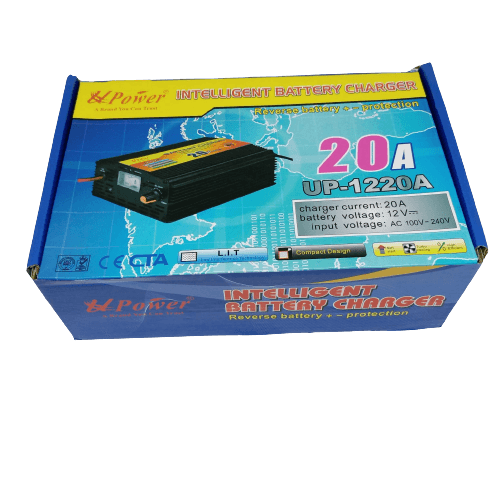 20A 12V Battery Charger Ma-1220 - shown in its blue and yellow product box, featuring a picture of the black charger with a front-facing display and knob.