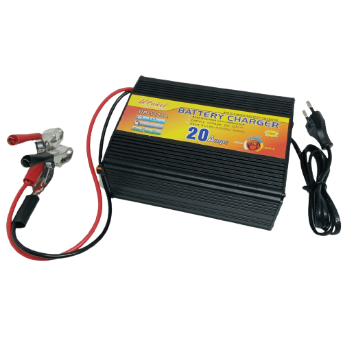 20A 12V Battery Charger Ma-1220 - a black rectangular device with a power cord, a red and black cable with metal alligator clips, and a yellow label.