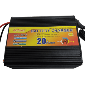 20A 12V Battery Charger Ma-1220 - a black, rectangular, ribbed metal unit with a yellow and orange label displaying specifications and a charging gauge.