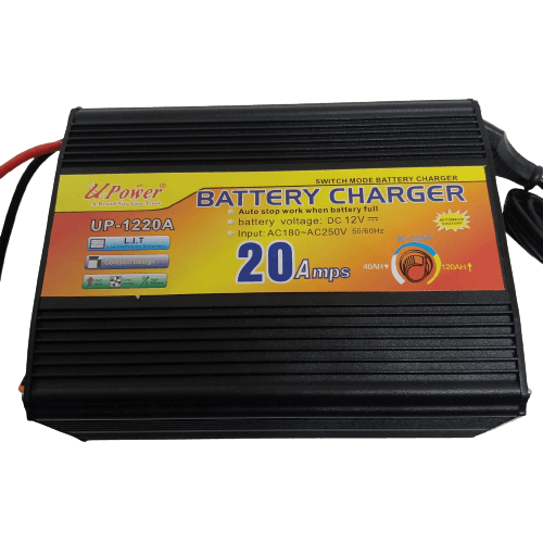 20A 12V Battery Charger Ma-1220 - a black, rectangular, ribbed metal unit with a yellow and orange label displaying specifications and a charging gauge.