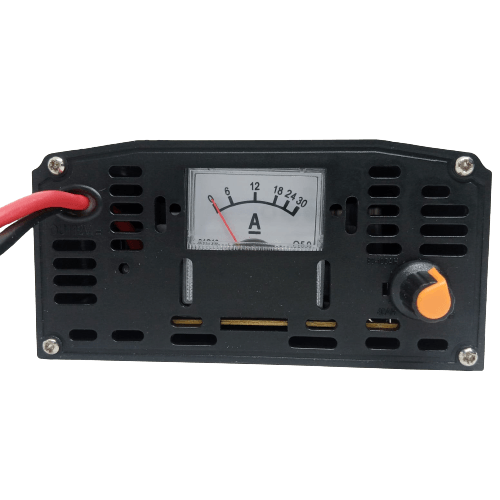 20A 12V Battery Charger Ma-1220 - a black casing, an analog ammeter reading zero, a red output cable, and an orange control knob.