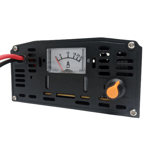 20A 12V Battery Charger Ma-1220 - a black front panel with an analog ammeter, an orange control knob, and two output wires.