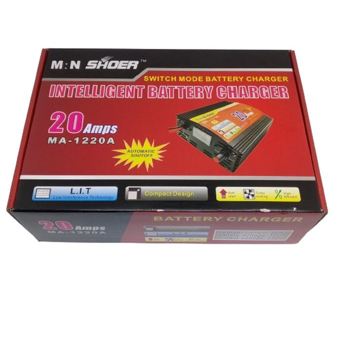 20A 12V Battery Charger Ma-1220 High Quality - shown in its red and black retail packaging box with a picture of the charger on the front.