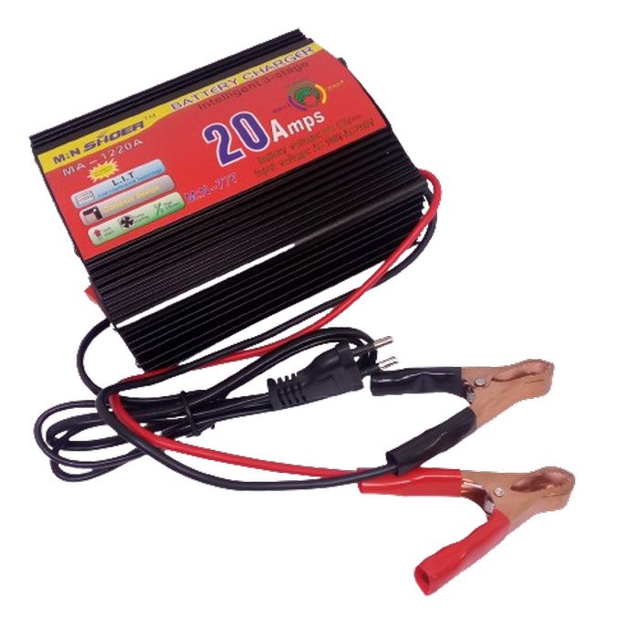 20A 12V Battery Charger Ma-1220 High Quality - a black rectangular unit with a red label, featuring an attached power cord and two battery clamps with red and black.