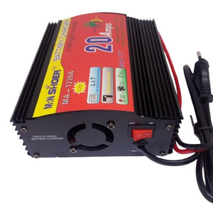 20A 12V Battery Charger Ma-1220 High Quality - a black, rectangular device with a red top label, a cooling fan, an on/off switch, and an attached power cord.