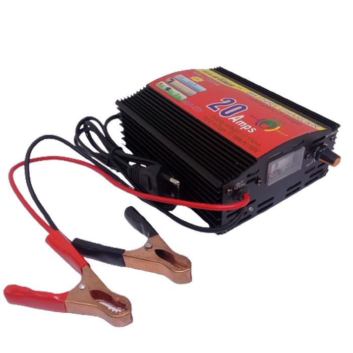 20A 12V Battery Charger Ma-1220 High Quality - a black, rectangular device with a red top, an analog ammeter, a control knob, and red and black alligator clips.
