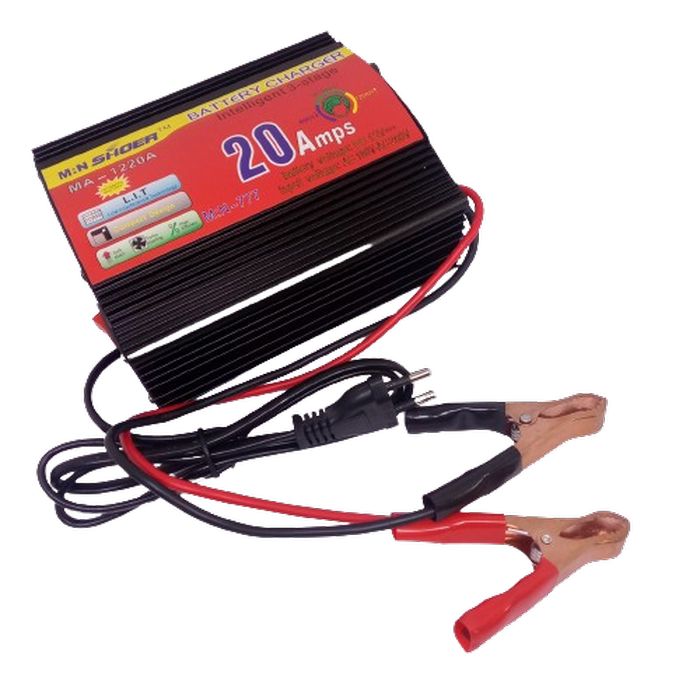 20A 12V Battery Charger Ma-1220 High Quality - a black rectangular device with a red label, attached to a two-prong power cord and two battery alligator clips.