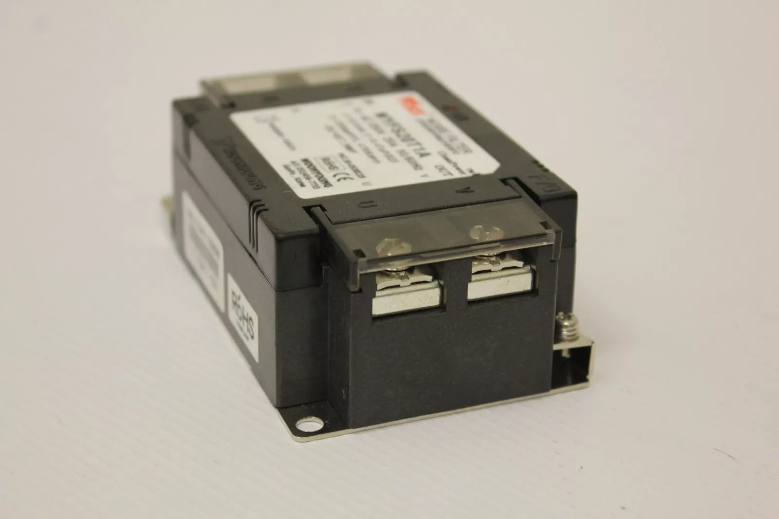20A 220V WYFS20T1A Electrical Noise Filter - a black rectangular electronic component with two screw terminals under a clear plastic cover.