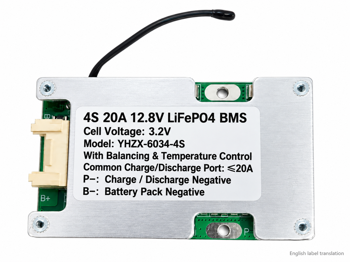20A 4S 12.8V LiFePO4 BMS YHZX-6034-4S with temperature probe on white background; Chinese label translated into English