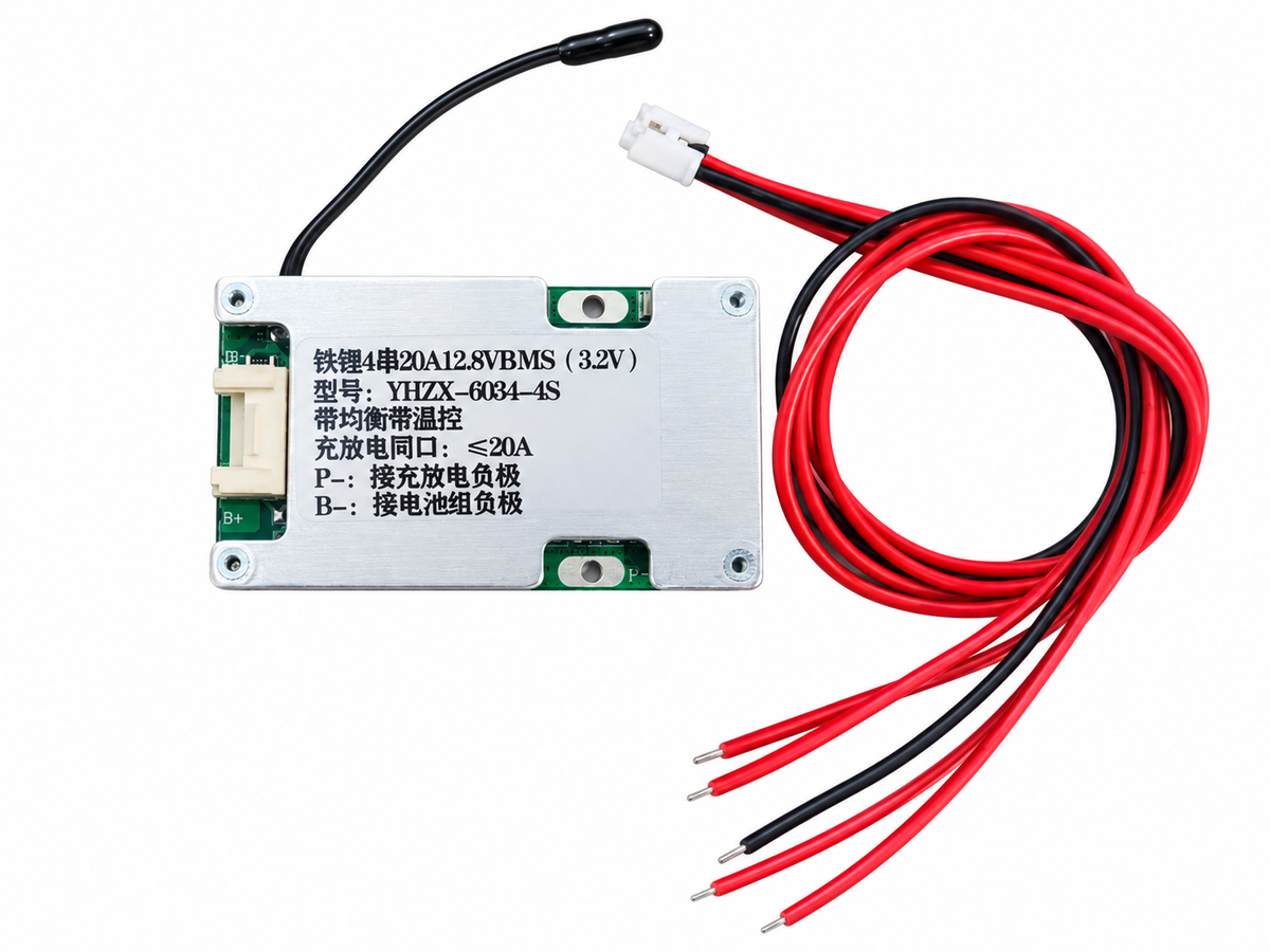 20A 4S 12.8V LiFePO4 BMS YHZX-6034-4S with separate wiring harness and attached temperature probe on white background