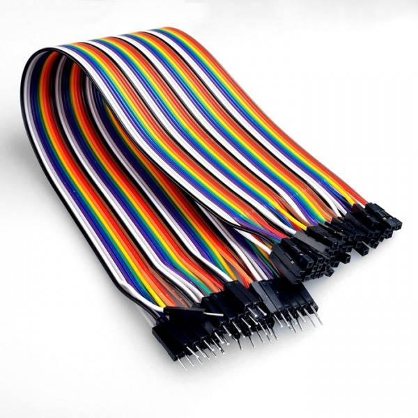 20cm Pin To Hole Jumper Wire Dupont Line 40 Pin Male To Female Arduino Jumper Wires - shown as a multi-coloured ribbon cable with male and female connectors.