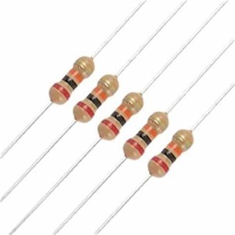 20k 1/4-Watt 5% Resistor - shown as five identical cylindrical electronic components with red, black, orange, and gold color-coded bands on wire leads.