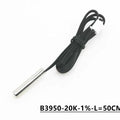 20k NTC Thermistor Temperature Sensor - a silver cylindrical metal probe attached to a black wire with a white connector at the end.
