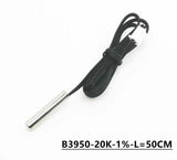 20k NTC Thermistor Temperature Sensor - a silver cylindrical metal probe attached to a black wire with a white connector at the end.