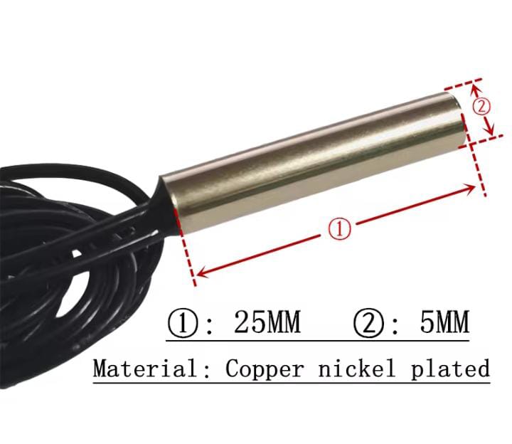 20k NTC Thermistor Temperature Sensor - shown in a dimension diagram with a silver cylindrical probe, black cable, and 25mm by 5mm size specifications.
