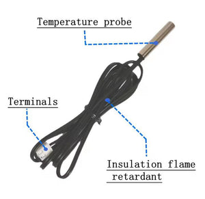 20k NTC Thermistor Temperature Sensor - a metal probe connected to a long black insulated wire ending in a white two-pin connector terminal.