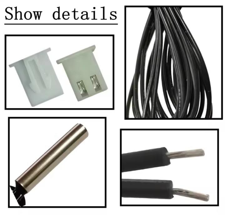 20k NTC Thermistor Temperature Sensor - a metal probe, black wires, stripped wire ends, and a white plastic two-pin connector.