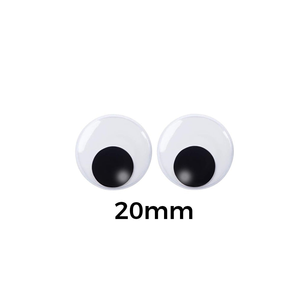 20mm Googly Eyes (12pcs) - two circular plastic eyes with black pupils on a white background with the text 20mm printed below them.