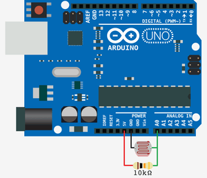 20mm LDR Sensor Light Dependent Resistor Sensor - shown wired to an Arduino Uno board with a 10k ohm resistor on a breadboard-style circuit diagram.