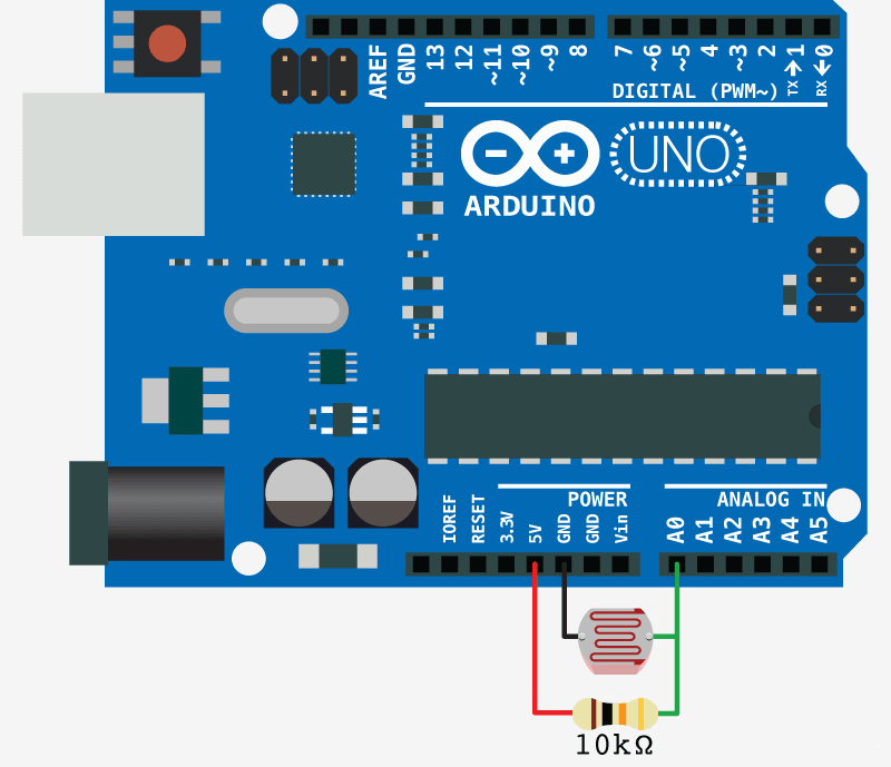 20mm LDR Sensor Light Dependent Resistor Sensor - shown wired to an Arduino Uno board with a 10k ohm resistor on a breadboard-style circuit diagram.