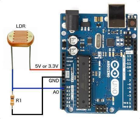20mm LDR Sensor Light Dependent Resistor Sensor - shown wired to an Arduino Uno board with a resistor and connecting jumper wires.